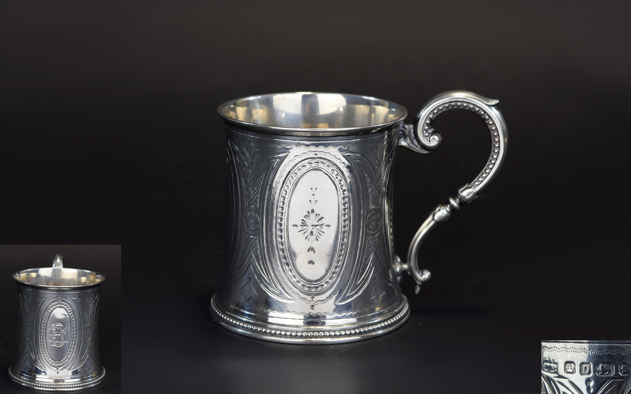 Victorian Period Small Solid Silver Ornate Decorated Tankard / Cup with Scroll Handle and Beaded