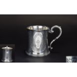 Victorian Period Small Solid Silver Ornate Decorated Tankard / Cup with Scroll Handle and Beaded