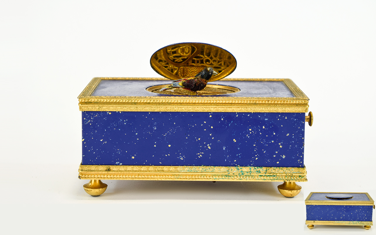 Reuge Music Box Gilt Brass Lapis Lazuli Singing Bird Automaton Reuge Music,