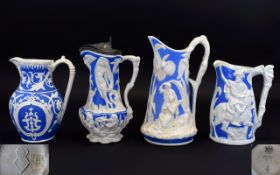 Four Various Victorian Relief Moulded Jugs, including Meigh, Brownfield, and Mayer's,