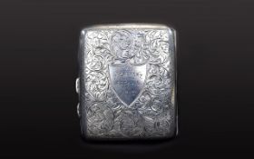 George V Solid Silver Bow Shaped Cigarette Case with Engraved Floral Decoration,