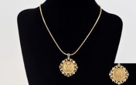 An Elizabeth II - 22ct Gold 1/2 Sovereign with 9ct Gold Pendant Mount and 9ct Gold Attached Chain.