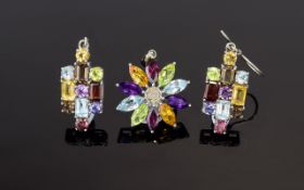 Ladies - Solid Silver Multi-Coloured Stone Set Pendant Drop In a Flowerhead Design + a Matching