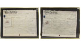 A Pair Of Framed Handwritten Legal Indentures Two large documents with hand calligraphy and wax