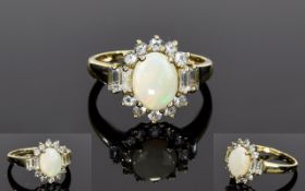 Ladies 9ct Gold Set Baguette Brilliant Cut Diamond and Opal Cluster Ring. Fully Hallmarked. 3 grams.