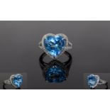 14ct White Gold Diamond & Topaz Ring, Central Heart Shaped Blue Topaz (Approx 6.