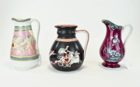 Three Various Victorian Transfer Printed and Colour Glazed Jugs comprising an Ashworth wide bodied