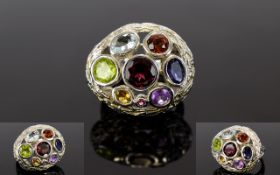 Multi Gemstone Ring, bezel set round and