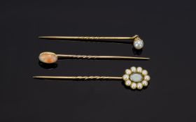 Antique 14ct Gold - Stone Set Stick Pins ( 3 ) Three In Total, Set with Opal and Pearls,