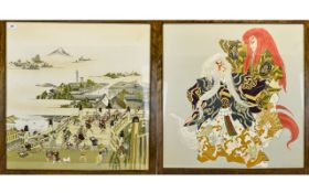 A Large And Impressive Japanese Mid Century Double Sided Framed Silk Panel Housed in a heavy,