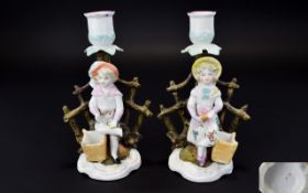 Pair of German Figural Candlesticks and Match Holders, a girl and a boy,