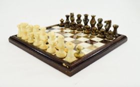 Marble Chess Board In Wooden Frame, With A Set Of Chess Pieces