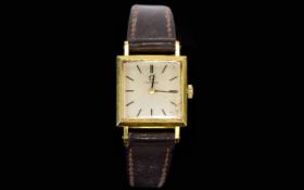 Omega Watch Co Ladies 18ct Gold Case - Square Shaped Wrist Watch with Attached Leather Strap.