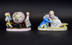 Two Meissen Style Figure Groups, one showing a very young couple in a romantic pose,