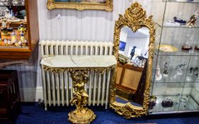 Italian Style Figural Cherub Gilt Console Table Green Onyx Top, With Associated Mirror,