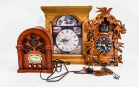 Two Clocks. Comprising Cuckoo Clock, Kitchen Pine Framed Clock and Retro Style Radio.