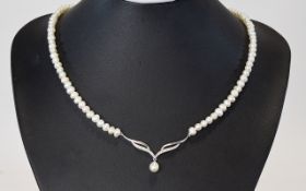 Cultured Pearl 9ct Diamante Set Necklace