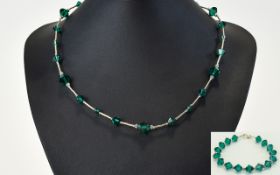 A Modern Art Design Solid Silver Green / Stone Set Necklace, with Matching Bracelet.