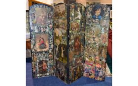 Victorian 4 Section Folding Screen with Applied Scraps Throughout. 70 Inches High.