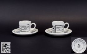 2 Pairs of Rare Staffordshire Walt Disney Small Coffee Cup & Saucers, Stamped on the Bottom -