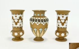 Doulton Lambeth Silicon Ware Pair of Vases with Applied Blue and White Floral Decoration. c.1880.
