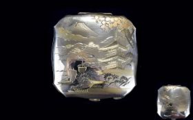 Japanese - Very Fine Signed Silver Compact, Decorated with Chased Images of Japanese Scenes,