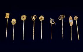 A Collection of Antique Period 9ct Gold Stone Set Assorted Stick Pins ( 9 ) Nine In Total.