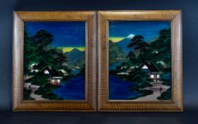 A Pair Of Japanese Paintings On Glass Two in total, each housed in plain wood frames.