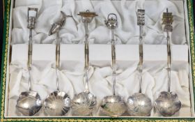 Japanese Very Fine Boxed Set of Six Silver - Ornate / Figural Top Spoons ( Tea ) Marked 950 Silver