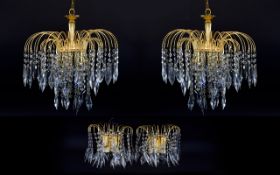 Contemporary Crystal And Gold Tone Chandelier Light Fitting Four items in total to include,