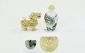Chinese Small Collection Of Mixed Vintage Items Includes a couple of carved jade pieces,