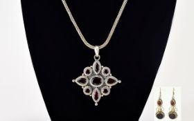 Vintage Solid Silver Stone Set Star Shaped Large Pendant Drop with Attached Silver Necklace +