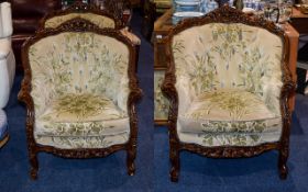 Set of 4 Italian Armchairs, Upholstered Button Back Cushions, Carved Top Vail and Arms.