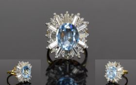 18ct Gold Plated - Large Blue Topaz and Crystal Set Fashion Ring. Marked 18ct G.B.