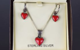 Sterling Silver Coral Set Matching Pendant and Earring Set.