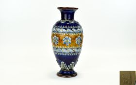 Doulton Lambeth Fine Quality Tall Vase with Tube lined and Applied Decoration. c.1890-1900.