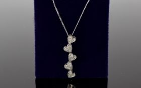 White Gold, Diamond Pendant and Chain, pendant drop consists of 5 love hearts with diamonds inside.