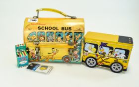 Walt Disney School Bus Tin with Handle, Shows Disney Characters Looking out of the Windows on Both