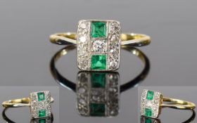 Ladies - Art Deco Period 18ct Gold and Platinum Set Diamond and Emerald Ring.