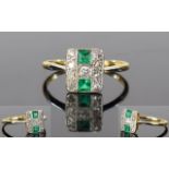 Ladies - Art Deco Period 18ct Gold and Platinum Set Diamond and Emerald Ring.