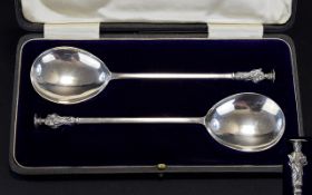 Edwardian - Period Boxed Pair of Fine Quality Silver Apostle Serving Spoons with Rattail Design.