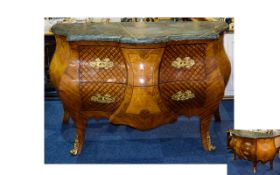 Rosewood and Maplewood Italian Bombe Shaped Commode, Green Marble Top, Ormolu Mounts,