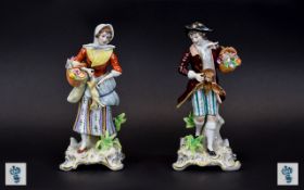 Sitzendorf Pair of Late 19th Century Hand Painted Porcelain Male and Female Figures,