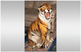 Italian Life Size Ceramic / Porcelain Large Sculpture of a Roaring Tiger In a Seated Position.