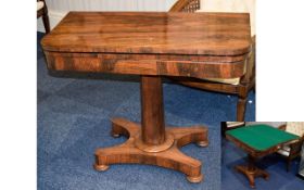 Rosewood Tilt Top Games Table with Green Baize Tapered Round Support on Platform Base.