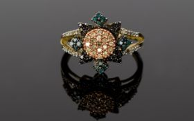 9ct Gold and Multi Coloured Diamond Cluster Ring.
