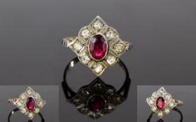 Antique - Nice Shaped 9ct Gold Shank and Silver Set Ruby and Diamond Ring.