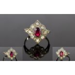 Antique - Nice Shaped 9ct Gold Shank and Silver Set Ruby and Diamond Ring.