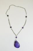 Large Purple Agate Pendant Necklace, a three strand long chain set with two pairs of round cut