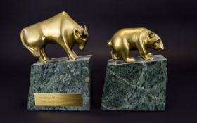 Wall Street Bull And Bear Brass Figures Two brass figures in the form of the bull and the bear, each